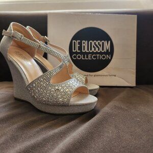 De Blossom Collection Silver Shimmer Alina 55 Rhinestone Strap Wedges 7